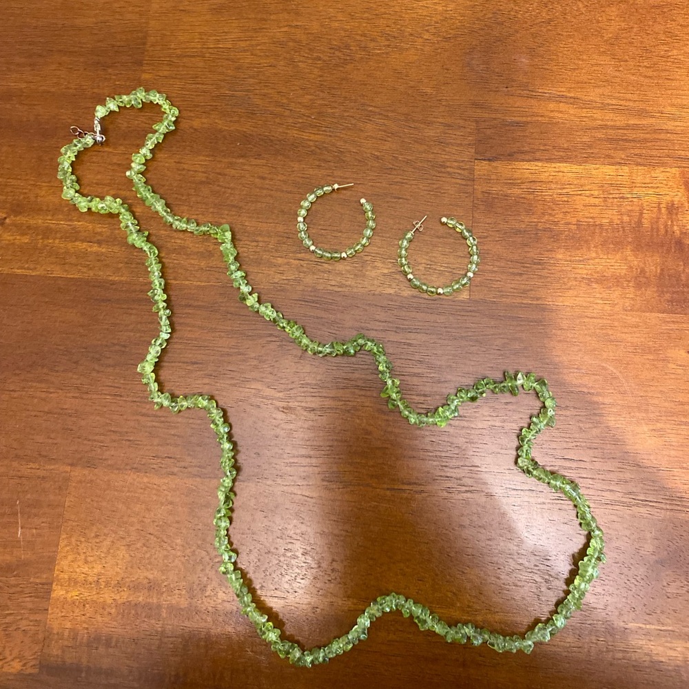 Peridot Gemstone Necklace and 14k Hoop Earrings